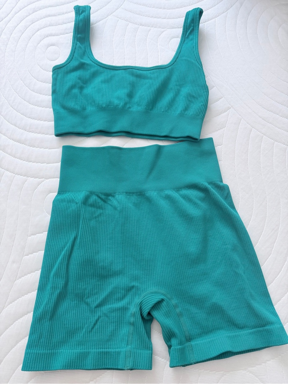 Ribbed Seamless Workout Set | Turquoise | Sports Bra & Biker Shorts | Size M